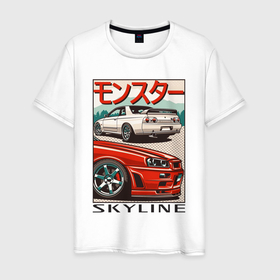 Мужская футболка хлопок с принтом Nissan Skyline | Ниссан Скайлайн в Санкт-Петербурге, 100% хлопок | прямой крой, круглый вырез горловины, длина до линии бедер, слегка спущенное плечо. | auto | car | japan | nissan | racing | retro | авто | гонки | машины | ниссан | ретро | скайлайн | тачки | япония