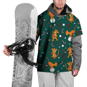Накидка на куртку 3D с принтом тигр и рождество в Санкт-Петербурге, 100% полиэстер |  | happy new year | merry christmas | год тигра | животные | звери | зеленый | зима | зимний принт | иллюстрация | кошка | красный | леденец | новогодний | оранжевый | подарок | полосатый | рождество | снег | снегопад