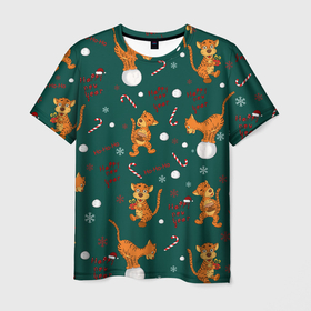 Мужская футболка 3D с принтом тигр и рождество в Петрозаводске, 100% полиэфир | прямой крой, круглый вырез горловины, длина до линии бедер | happy new year | merry christmas | год тигра | животные | звери | зеленый | зима | зимний принт | иллюстрация | кошка | красный | леденец | новогодний | оранжевый | подарок | полосатый | рождество | снег | снегопад