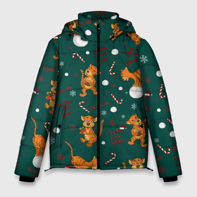 Мужская зимняя куртка 3D с принтом тигр и рождество в Кировске, верх — 100% полиэстер; подкладка — 100% полиэстер; утеплитель — 100% полиэстер | длина ниже бедра, свободный силуэт Оверсайз. Есть воротник-стойка, отстегивающийся капюшон и ветрозащитная планка. 

Боковые карманы с листочкой на кнопках и внутренний карман на молнии. | happy new year | merry christmas | год тигра | животные | звери | зеленый | зима | зимний принт | иллюстрация | кошка | красный | леденец | новогодний | оранжевый | подарок | полосатый | рождество | снег | снегопад