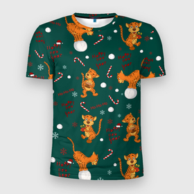 Мужская футболка 3D спортивная с принтом тигр и рождество в Новосибирске, 100% полиэстер с улучшенными характеристиками | приталенный силуэт, круглая горловина, широкие плечи, сужается к линии бедра | happy new year | merry christmas | год тигра | животные | звери | зеленый | зима | зимний принт | иллюстрация | кошка | красный | леденец | новогодний | оранжевый | подарок | полосатый | рождество | снег | снегопад