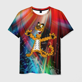 Мужская футболка 3D с принтом Новогодний тигр пляшет в Тюмени, 100% полиэфир | прямой крой, круглый вырез горловины, длина до линии бедер | абстракция | животное | мультик | новый год | тигр