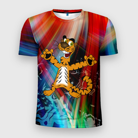 Мужская футболка 3D спортивная с принтом Новогодний тигр пляшет в Тюмени, 100% полиэстер с улучшенными характеристиками | приталенный силуэт, круглая горловина, широкие плечи, сужается к линии бедра | Тематика изображения на принте: абстракция | животное | мультик | новый год | тигр