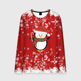 Мужской лонгслив 3D с принтом Пингвин в новогодней шапочке в Белгороде, 100% полиэстер | длинные рукава, круглый вырез горловины, полуприлегающий силуэт | Тематика изображения на принте: 2021 | 2022 | happy new year 2022 | новогодний пингвин | новый год | новый год 2022 | пингвин | праздник | снежинки | снежный пингвин