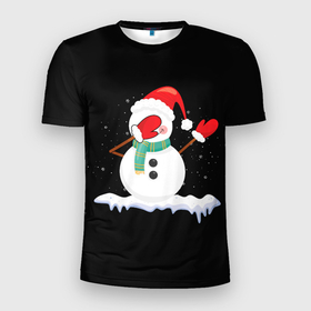 Мужская футболка 3D спортивная с принтом Cartoon Dab Snowman в Санкт-Петербурге, 100% полиэстер с улучшенными характеристиками | приталенный силуэт, круглая горловина, широкие плечи, сужается к линии бедра | 2022 | 22 | cartoon | christmas | dab | dub | mult | new | notes | scarf | snow | snowman | snowy | woman | year | баба | год | даб | мультяшный | новый | очки | рождество | снег | снеговик | снежная | шарф