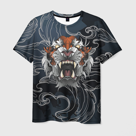 Мужская футболка 3D с принтом Рычащий Тигр в японском стиле в Новосибирске, 100% полиэфир | прямой крой, круглый вырез горловины, длина до линии бедер | волны | символ года | тигр | хищник | япония