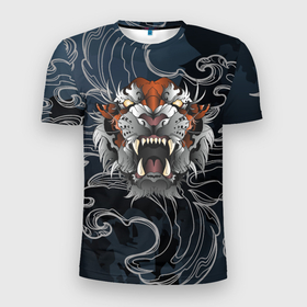 Мужская футболка 3D спортивная с принтом Рычащий Тигр в японском стиле в Петрозаводске, 100% полиэстер с улучшенными характеристиками | приталенный силуэт, круглая горловина, широкие плечи, сужается к линии бедра | волны | символ года | тигр | хищник | япония