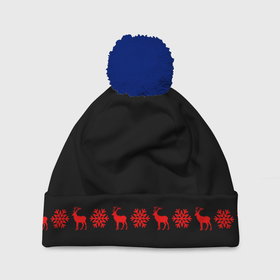 Шапка 3D c помпоном с принтом ШАПКА С ОЛЕНЯМИ в Екатеринбурге, 100% полиэстер | универсальный размер, печать по всей поверхности изделия | snow | для друга | новогодняя шапка | олени | олень | подарок | подруге | с бубончиком | снежинка | черная | черная шапка | шапка