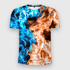 Мужская футболка 3D спортивная с принтом Огненное пламя в Белгороде, 100% полиэстер с улучшенными характеристиками | приталенный силуэт, круглая горловина, широкие плечи, сужается к линии бедра | Тематика изображения на принте: blue fire | blue flame | fire | fire and ice | fire and water | flame | neon | в огне | горящий | инь ян | инь янь | искры | неон | неоновый огонь | огненный | огонь | огонь и вода | огонь и лед | пламя | пожар | противостояние