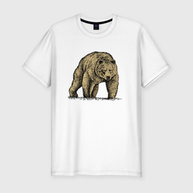 Мужская футболка хлопок Slim с принтом Русский бурый медведь в Новосибирске, 92% хлопок, 8% лайкра | приталенный силуэт, круглый вырез ворота, длина до линии бедра, короткий рукав | bear | courage | fearlessness | force | muzzle | paws | power | russia | бесстрашие | лапы | медведь | мощь | мужество | отвага | россия | сила