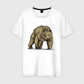 Мужская футболка хлопок с принтом Русский бурый медведь в Санкт-Петербурге, 100% хлопок | прямой крой, круглый вырез горловины, длина до линии бедер, слегка спущенное плечо. | bear | courage | fearlessness | force | muzzle | paws | power | russia | бесстрашие | лапы | медведь | мощь | мужество | отвага | россия | сила