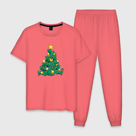 Мужская пижама хлопок с принтом Christmas Tree Made Of Green Cats в Новосибирске, 100% хлопок | брюки и футболка прямого кроя, без карманов, на брюках мягкая резинка на поясе и по низу штанин
 | Тематика изображения на принте: cat | cats | christmas | decotarions | green | kittens | made | new | of | star | toys | tree | year | год | ёлка | звезда | игрушки | кот | коты | котята | кошки | новый | рождество