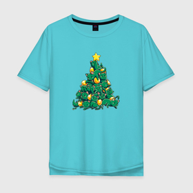 Мужская футболка хлопок Oversize с принтом Christmas Tree Made Of Green Cats в Петрозаводске, 100% хлопок | свободный крой, круглый ворот, “спинка” длиннее передней части | cat | cats | christmas | decotarions | green | kittens | made | new | of | star | toys | tree | year | год | ёлка | звезда | игрушки | кот | коты | котята | кошки | новый | рождество