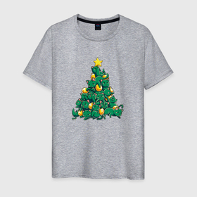 Мужская футболка хлопок с принтом Christmas Tree Made Of Green Cats в Санкт-Петербурге, 100% хлопок | прямой крой, круглый вырез горловины, длина до линии бедер, слегка спущенное плечо. | cat | cats | christmas | decotarions | green | kittens | made | new | of | star | toys | tree | year | год | ёлка | звезда | игрушки | кот | коты | котята | кошки | новый | рождество