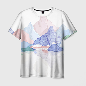 Мужская футболка 3D с принтом Разноцветные пастельные оттенки гор в отражении воды в Петрозаводске, 100% полиэфир | прямой крой, круглый вырез горловины, длина до линии бедер | весенный | гора | горный | горный пейзаж | горы | горы в отражении воды | для путешествеников | для тр | для туристов | летний | любителям гор | люблю горы | нежные цвета | нежные цвета гор
