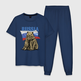 Мужская пижама хлопок с принтом Символика России и медведь в Белгороде, 100% хлопок | брюки и футболка прямого кроя, без карманов, на брюках мягкая резинка на поясе и по низу штанин
 | bear | courage | fearlessness | flag | force | muzzle | paws | power | russia | бесстрашие | лапы | медведь | мощь | мужество | отвага | россия | сила | флаг