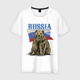 Мужская футболка хлопок с принтом Символика России и медведь в Петрозаводске, 100% хлопок | прямой крой, круглый вырез горловины, длина до линии бедер, слегка спущенное плечо. | bear | courage | fearlessness | flag | force | muzzle | paws | power | russia | бесстрашие | лапы | медведь | мощь | мужество | отвага | россия | сила | флаг