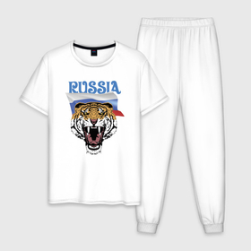Мужская пижама хлопок с принтом Уссурийский русский тигр в Петрозаводске, 100% хлопок | брюки и футболка прямого кроя, без карманов, на брюках мягкая резинка на поясе и по низу штанин
 | courage | fearlessness | flag | force | muzzle | paws | power | russia | tiger | бесстрашие | лапы | мощь | мужество | отвага | россия | сила | тигр | флаг