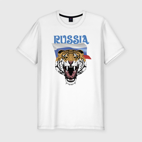 Мужская футболка хлопок Slim с принтом Уссурийский русский тигр в Санкт-Петербурге, 92% хлопок, 8% лайкра | приталенный силуэт, круглый вырез ворота, длина до линии бедра, короткий рукав | courage | fearlessness | flag | force | muzzle | paws | power | russia | tiger | бесстрашие | лапы | мощь | мужество | отвага | россия | сила | тигр | флаг