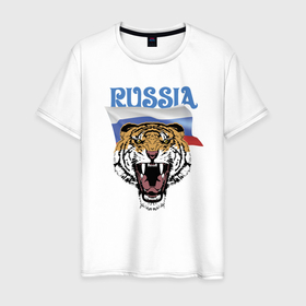Мужская футболка хлопок с принтом Уссурийский русский тигр в Новосибирске, 100% хлопок | прямой крой, круглый вырез горловины, длина до линии бедер, слегка спущенное плечо. | courage | fearlessness | flag | force | muzzle | paws | power | russia | tiger | бесстрашие | лапы | мощь | мужество | отвага | россия | сила | тигр | флаг