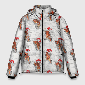 Мужская зимняя куртка 3D с принтом Тигр Закат Волны в Тюмени, верх — 100% полиэстер; подкладка — 100% полиэстер; утеплитель — 100% полиэстер | длина ниже бедра, свободный силуэт Оверсайз. Есть воротник-стойка, отстегивающийся капюшон и ветрозащитная планка. 

Боковые карманы с листочкой на кнопках и внутренний карман на молнии. | волны | горы | животное | паттерн | солнце | тигр | хищник
