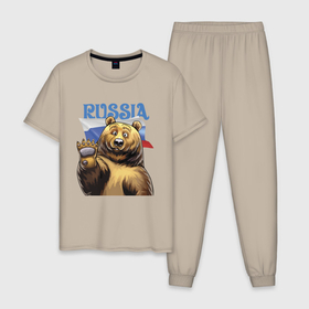 Мужская пижама хлопок с принтом Прикольный русский медвежара в Санкт-Петербурге, 100% хлопок | брюки и футболка прямого кроя, без карманов, на брюках мягкая резинка на поясе и по низу штанин
 | Тематика изображения на принте: bear | courage | fearlessness | flag | force | muzzle | paws | power | russia | бесстрашие | лапы | медведь | мощь | мужество | отвага | россия | сила | флаг