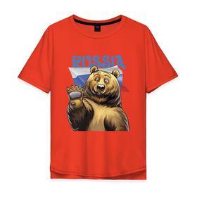 Мужская футболка хлопок Oversize с принтом Прикольный русский медвежара в Тюмени, 100% хлопок | свободный крой, круглый ворот, “спинка” длиннее передней части | Тематика изображения на принте: bear | courage | fearlessness | flag | force | muzzle | paws | power | russia | бесстрашие | лапы | медведь | мощь | мужество | отвага | россия | сила | флаг