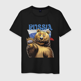 Мужская футболка хлопок с принтом Прикольный русский медвежара в Екатеринбурге, 100% хлопок | прямой крой, круглый вырез горловины, длина до линии бедер, слегка спущенное плечо. | bear | courage | fearlessness | flag | force | muzzle | paws | power | russia | бесстрашие | лапы | медведь | мощь | мужество | отвага | россия | сила | флаг
