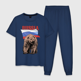 Мужская пижама хлопок с принтом Русский свирепый медведь в Тюмени, 100% хлопок | брюки и футболка прямого кроя, без карманов, на брюках мягкая резинка на поясе и по низу штанин
 | bear | courage | fearlessness | flag | force | muzzle | paws | power | russia | бесстрашие | лапы | медведь | мощь | мужество | отвага | россия | сила | флаг