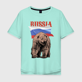 Мужская футболка хлопок Oversize с принтом Русский свирепый медведь в Тюмени, 100% хлопок | свободный крой, круглый ворот, “спинка” длиннее передней части | bear | courage | fearlessness | flag | force | muzzle | paws | power | russia | бесстрашие | лапы | медведь | мощь | мужество | отвага | россия | сила | флаг