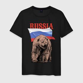 Мужская футболка хлопок с принтом Русский свирепый медведь в Екатеринбурге, 100% хлопок | прямой крой, круглый вырез горловины, длина до линии бедер, слегка спущенное плечо. | bear | courage | fearlessness | flag | force | muzzle | paws | power | russia | бесстрашие | лапы | медведь | мощь | мужество | отвага | россия | сила | флаг