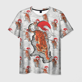 Мужская футболка 3D с принтом Тигр, спускающийся с гор , 100% полиэфир | прямой крой, круглый вырез горловины, длина до линии бедер | гора | паттерн | символ года | солнце | тигр | тигрище | хищник