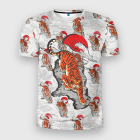 Мужская футболка 3D Slim с принтом Тигр, спускающийся с гор , 100% полиэстер с улучшенными характеристиками | приталенный силуэт, круглая горловина, широкие плечи, сужается к линии бедра | Тематика изображения на принте: гора | паттерн | символ года | солнце | тигр | тигрище | хищник