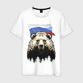 Мужская футболка хлопок с принтом Русский спокойный хозяин леса в Новосибирске, 100% хлопок | прямой крой, круглый вырез горловины, длина до линии бедер, слегка спущенное плечо. | bear | courage | fearlessness | flag | force | forest | muzzle | paws | power | russia | бесстрашие | лапы | лес | медведь | мощь | мужество | отвага | россия | сила | флаг