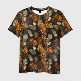 Мужская футболка 3D с принтом Тигры и листья. Тропики , 100% полиэфир | прямой крой, круглый вырез горловины, длина до линии бедер | 2022 | год тигра | новый год | новый год 2022 | символ года | тигр | тигренок | тигрица | тигры