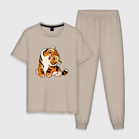 Мужская пижама хлопок с принтом Смешной тигренок , 100% хлопок | брюки и футболка прямого кроя, без карманов, на брюках мягкая резинка на поясе и по низу штанин
 | 2022 | год тигра | новый год | новый год 2022 | символ года | тигр | тигренок | тигрица | тигры