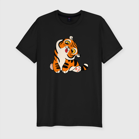 Мужская футболка хлопок Slim с принтом Смешной тигренок , 92% хлопок, 8% лайкра | приталенный силуэт, круглый вырез ворота, длина до линии бедра, короткий рукав | 2022 | год тигра | новый год | новый год 2022 | символ года | тигр | тигренок | тигрица | тигры