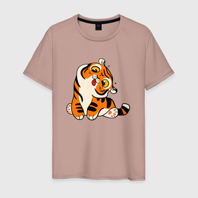 Мужская футболка хлопок с принтом Смешной тигренок , 100% хлопок | прямой крой, круглый вырез горловины, длина до линии бедер, слегка спущенное плечо. | 2022 | год тигра | новый год | новый год 2022 | символ года | тигр | тигренок | тигрица | тигры