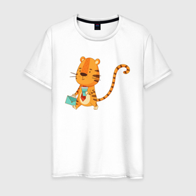 Мужская футболка хлопок с принтом Тигр менеджер с кофе в Новосибирске, 100% хлопок | прямой крой, круглый вырез горловины, длина до линии бедер, слегка спущенное плечо. | 2022 | год тигра | новый год | новый год 2022 | символ года | тигр | тигренок | тигрица | тигры