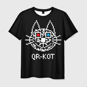 Мужская футболка 3D с принтом QR кот в стерео очках в Новосибирске, 100% полиэфир | прямой крой, круглый вырез горловины, длина до линии бедер | Тематика изображения на принте: 3d | head | kitten | kote | pixels | qr cat | qr code | qr код | qr кот | watching a movie | голова | котенок | котэ | кошка | пиксели | смотрит кино | стерео очки