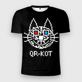 Мужская футболка 3D спортивная с принтом QR кот в стерео очках в Курске, 100% полиэстер с улучшенными характеристиками | приталенный силуэт, круглая горловина, широкие плечи, сужается к линии бедра | 3d | head | kitten | kote | pixels | qr cat | qr code | qr код | qr кот | watching a movie | голова | котенок | котэ | кошка | пиксели | смотрит кино | стерео очки