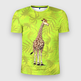 Мужская футболка 3D Slim с принтом Длиношеее животное в Курске, 100% полиэстер с улучшенными характеристиками | приталенный силуэт, круглая горловина, широкие плечи, сужается к линии бедра | джунгди | дикие | дикие животные | животные | жираф