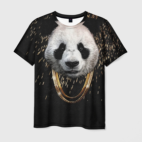 Мужская футболка 3D с принтом Панда в золоте в Екатеринбурге, 100% полиэфир | прямой крой, круглый вырез горловины, длина до линии бедер | животное | золото | метал | панда | плюшевый | цепь