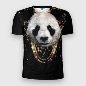 Мужская футболка 3D Slim с принтом Панда в золоте в Екатеринбурге, 100% полиэстер с улучшенными характеристиками | приталенный силуэт, круглая горловина, широкие плечи, сужается к линии бедра | Тематика изображения на принте: животное | золото | метал | панда | плюшевый | цепь