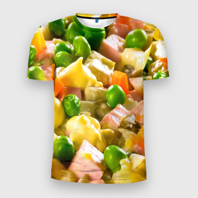 Мужская футболка 3D спортивная с принтом Весь в оливье , 100% полиэстер с улучшенными характеристиками | приталенный силуэт, круглая горловина, широкие плечи, сужается к линии бедра | Тематика изображения на принте: salat | новый год | оливье | салат
