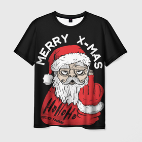 Мужская футболка 3D с принтом Merry x - mas Плохой дед мороз в Екатеринбурге, 100% полиэфир | прямой крой, круглый вырез горловины, длина до линии бедер | Тематика изображения на принте: 2022 | bad santa | комикс | новый год | рождество