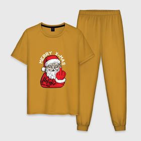 Мужская пижама хлопок с принтом Плохой дед мороз Merry x mas в Санкт-Петербурге, 100% хлопок | брюки и футболка прямого кроя, без карманов, на брюках мягкая резинка на поясе и по низу штанин
 | Тематика изображения на принте: 2022 | bad | комикс | новый год | рождество | санта