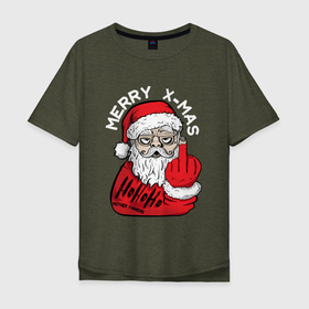 Мужская футболка хлопок Oversize с принтом Плохой санта Merry x-mas в Санкт-Петербурге, 100% хлопок | свободный крой, круглый ворот, “спинка” длиннее передней части | Тематика изображения на принте: 2022 | дед мороз | новый год | с рождеством | санта