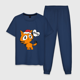 Мужская пижама хлопок с принтом Тигренок в шапке Новый год в Петрозаводске, 100% хлопок | брюки и футболка прямого кроя, без карманов, на брюках мягкая резинка на поясе и по низу штанин
 | дед мороз | котенок | котик | новый год | рождество | символ | тигр | тигренок | шапочка