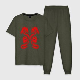 Мужская пижама хлопок с принтом КРАСНЫЕ ДРАКОНЫ RED DRAGON JAPAN STYLE в Кировске, 100% хлопок | брюки и футболка прямого кроя, без карманов, на брюках мягкая резинка на поясе и по низу штанин
 | Тематика изображения на принте: china | dragon | japan | neon | symbol | texture | tokyo | драконы | иероглифы | китай | мифология | неон | неоновые драконы | текстура | токийский дракон | токио | япония